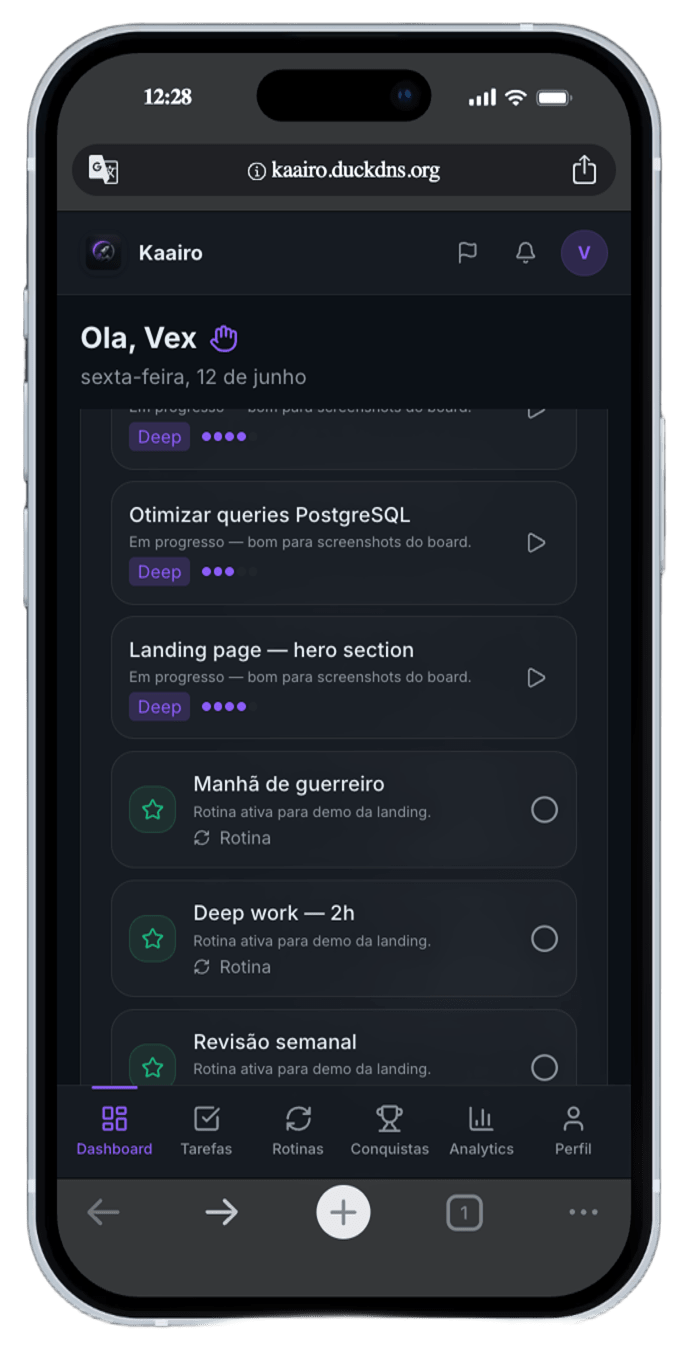Lista de tarefas e rotinas do dia no Kaairo